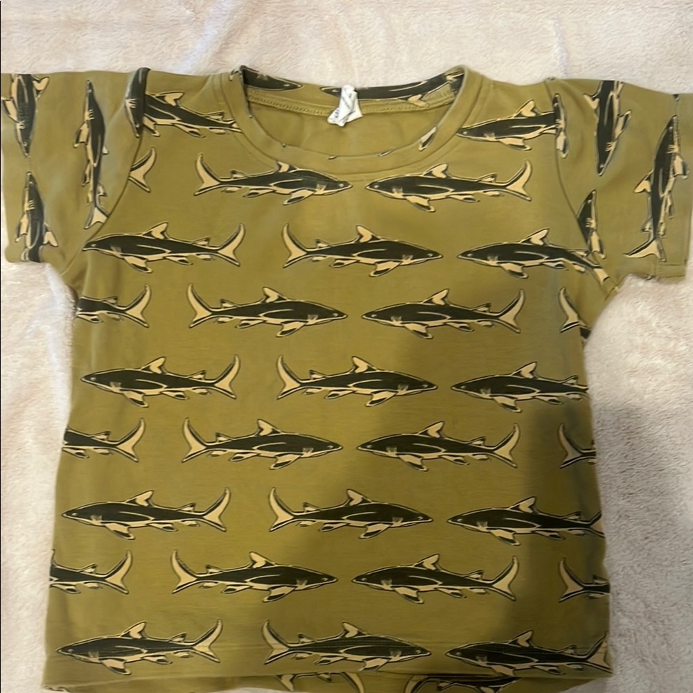 Kids Shark Print T-Shirt - Olive Green